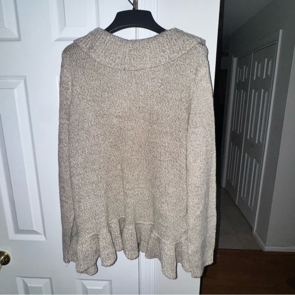 Covington Women's XL Open Front Ruffle Cardigan Oatmeal Beige Metallic Knit - Picture 2 of 15